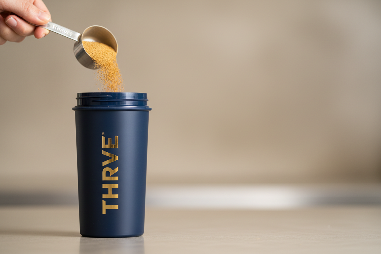 Hydra Max powder being poured into Thryve shaker cup - wide 16:9 hero banner